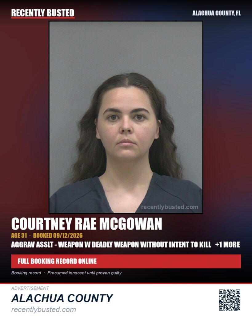 Courtney Rae Mcgowan — arrest record card, Alachua County, Florida