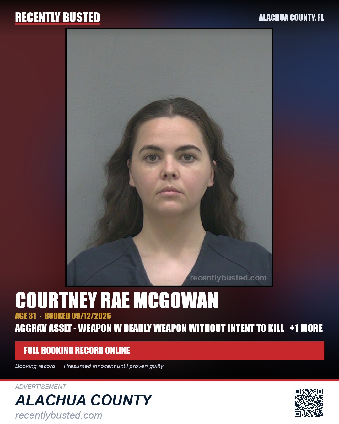 Courtney Rae Mcgowan — arrest record card, Alachua County, Florida