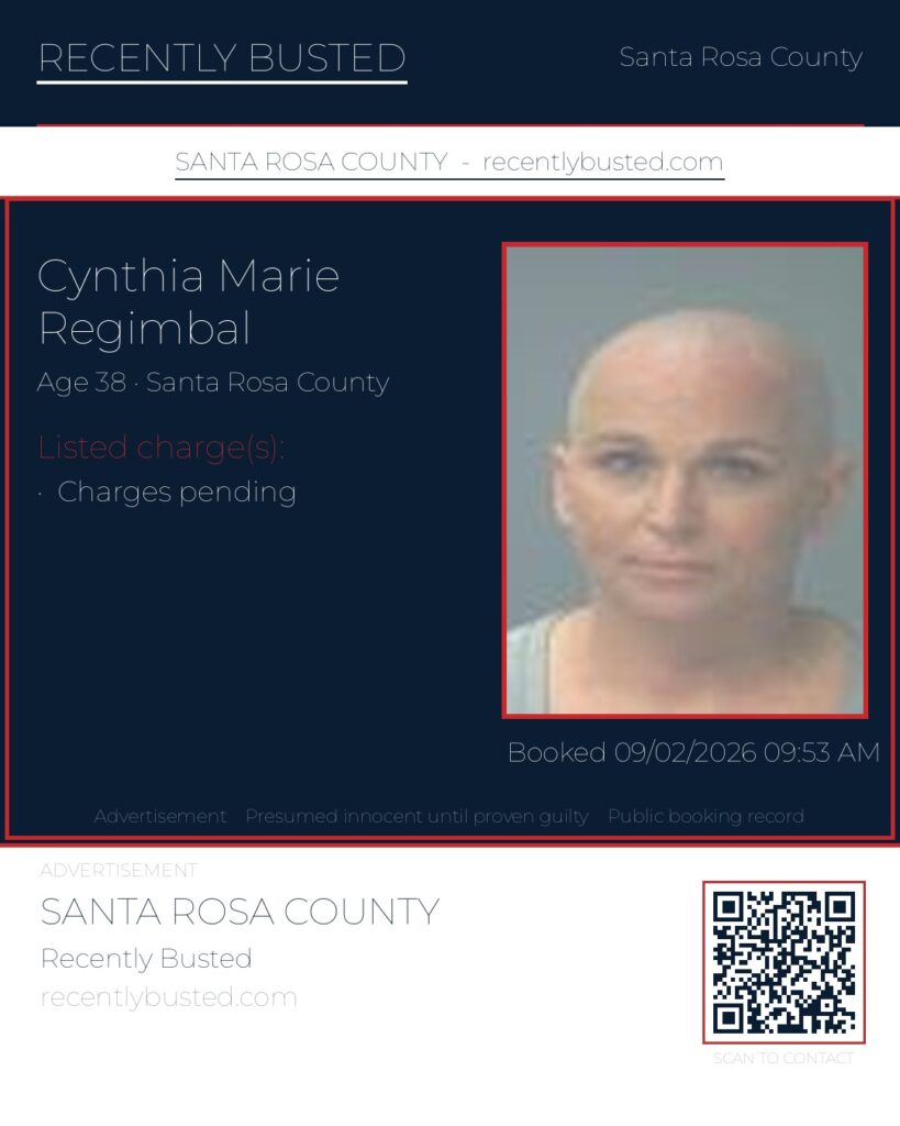 Cynthia Marie Regimbal — arrest record card, Santa Rosa County, Florida