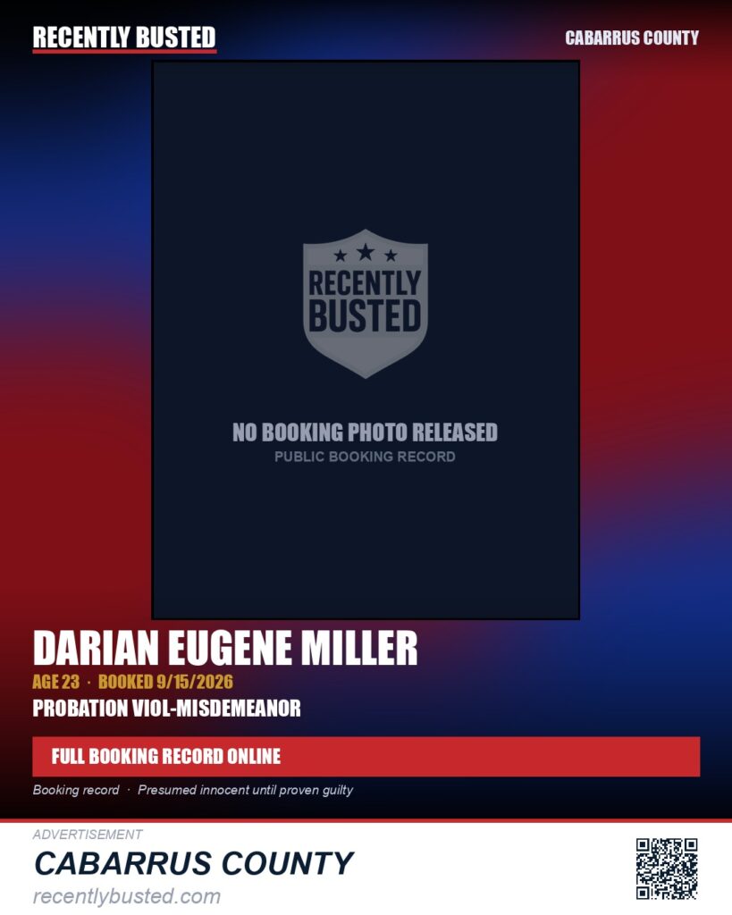 DARIAN EUGENE MILLER — arrest record card, Cabarrus