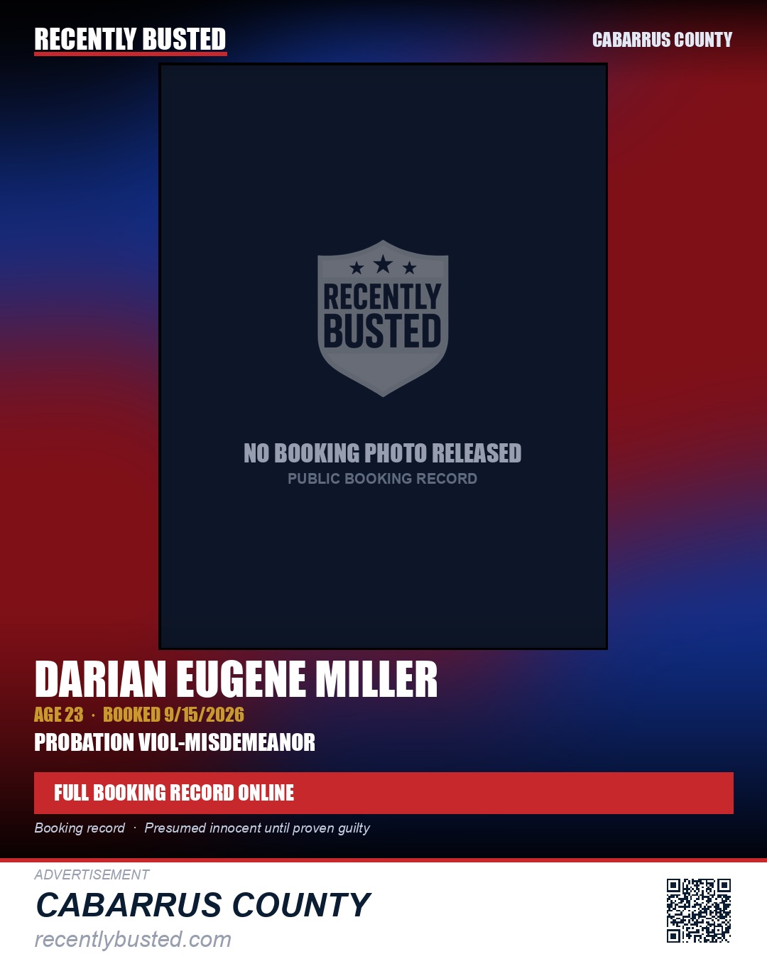 DARIAN EUGENE MILLER — arrest record card, Cabarrus County