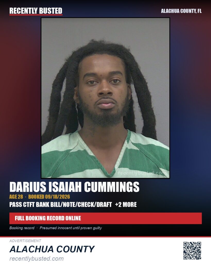 Darius Isaiah Cummings — arrest record card, Alachua County, Florida