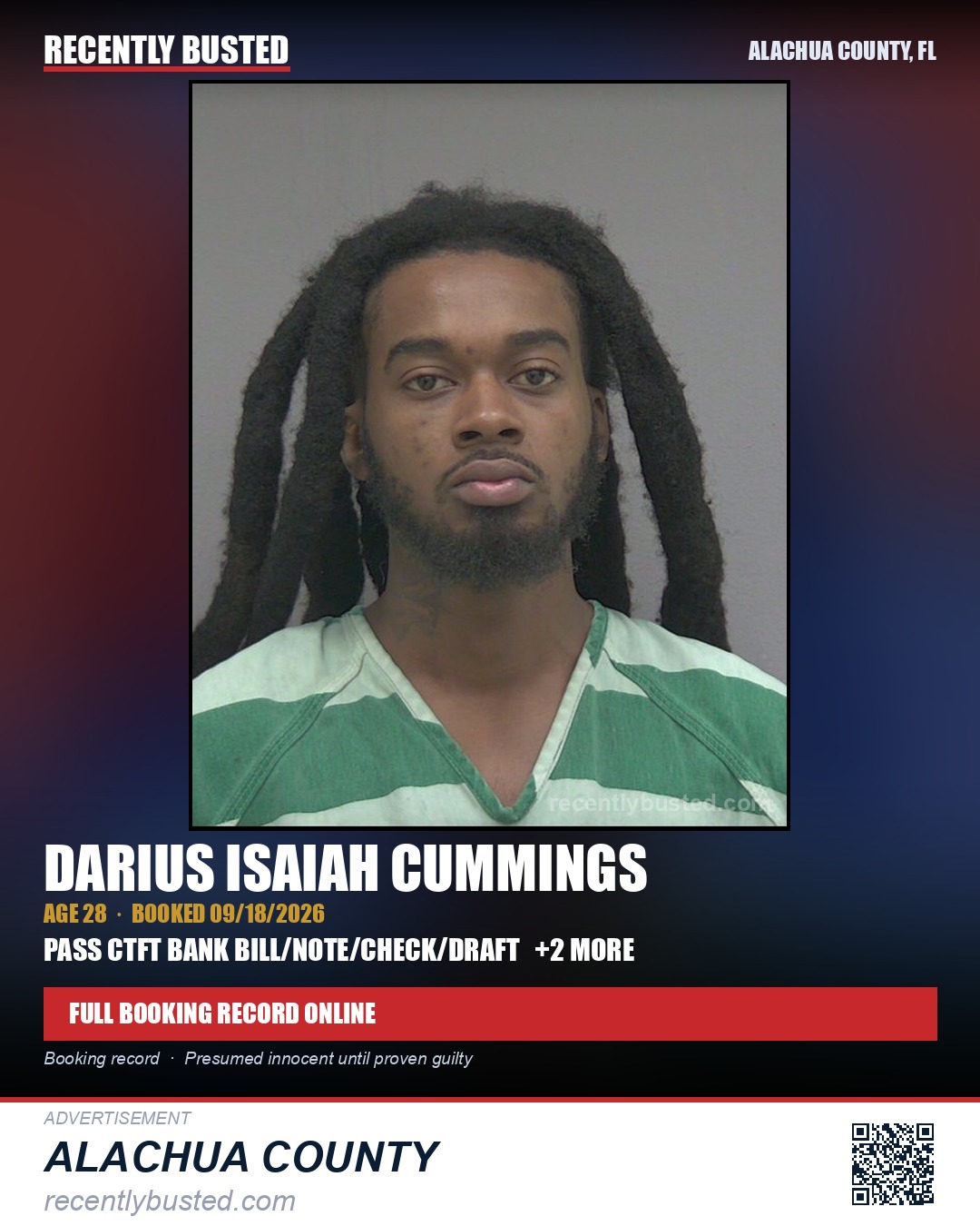 Darius Isaiah Cummings — arrest record card, Alachua County, Florida