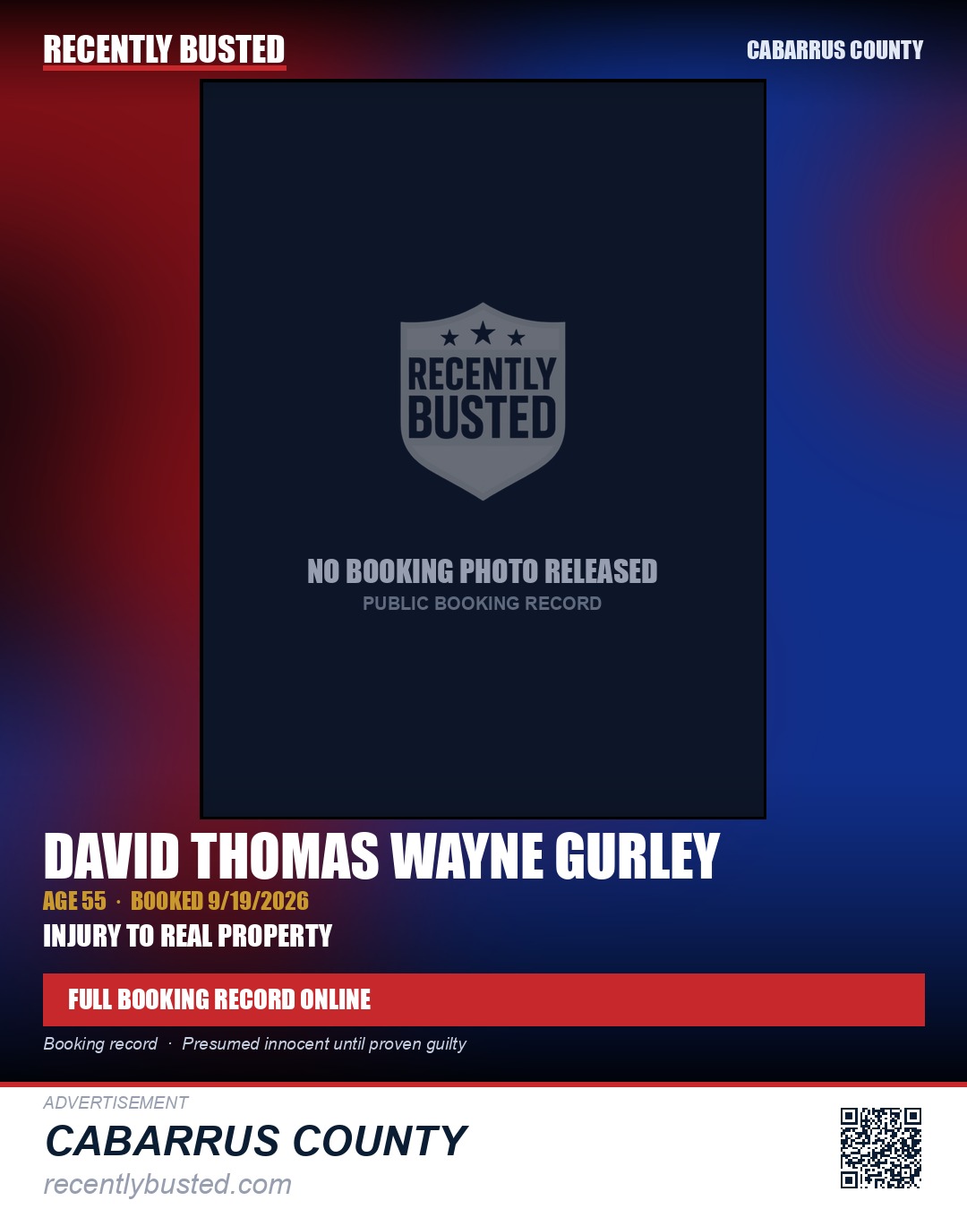 DAVID THOMAS WAYNE GURLEY — arrest record card, Cabarrus County