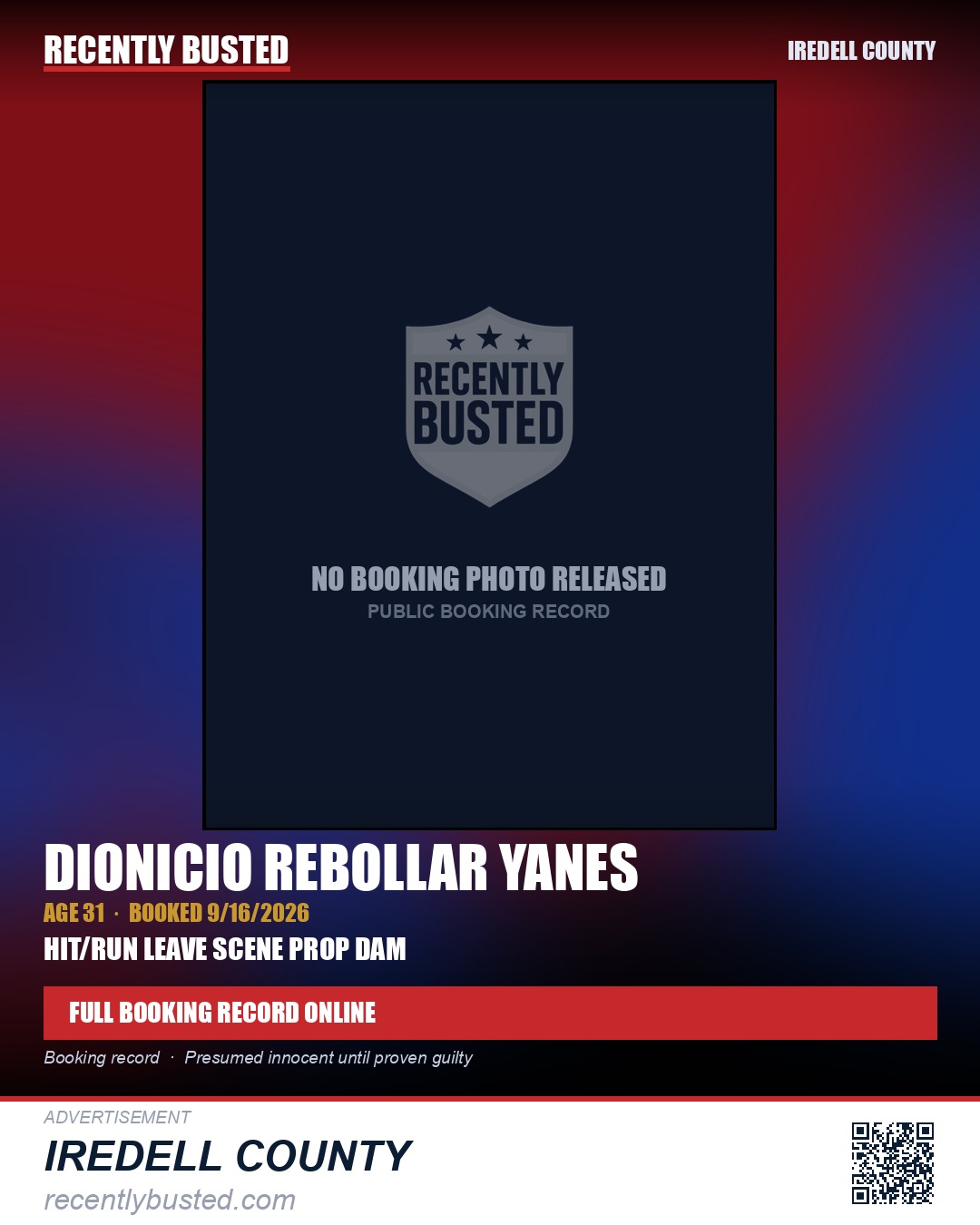 DIONICIO REBOLLAR YANES — arrest record card, Iredell County