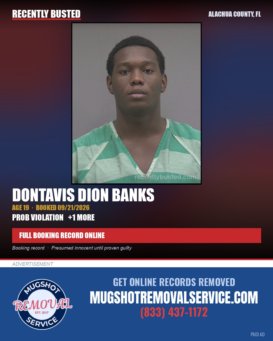 Dontavis Dion Banks — arrest record card, Alachua County, Florida