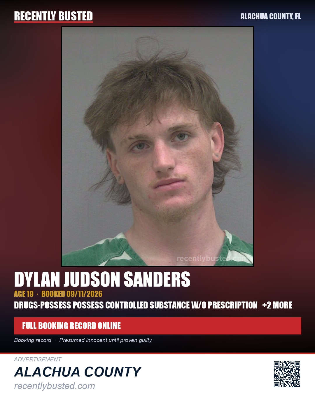 Dylan Judson Sanders — arrest record card, Alachua County, Florida