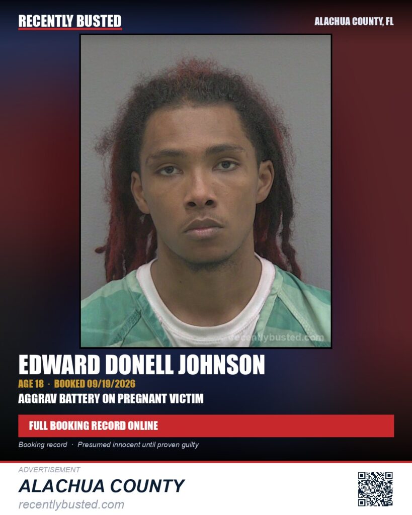 Edward Donell Johnson — arrest record card, Alachua County, Florida
