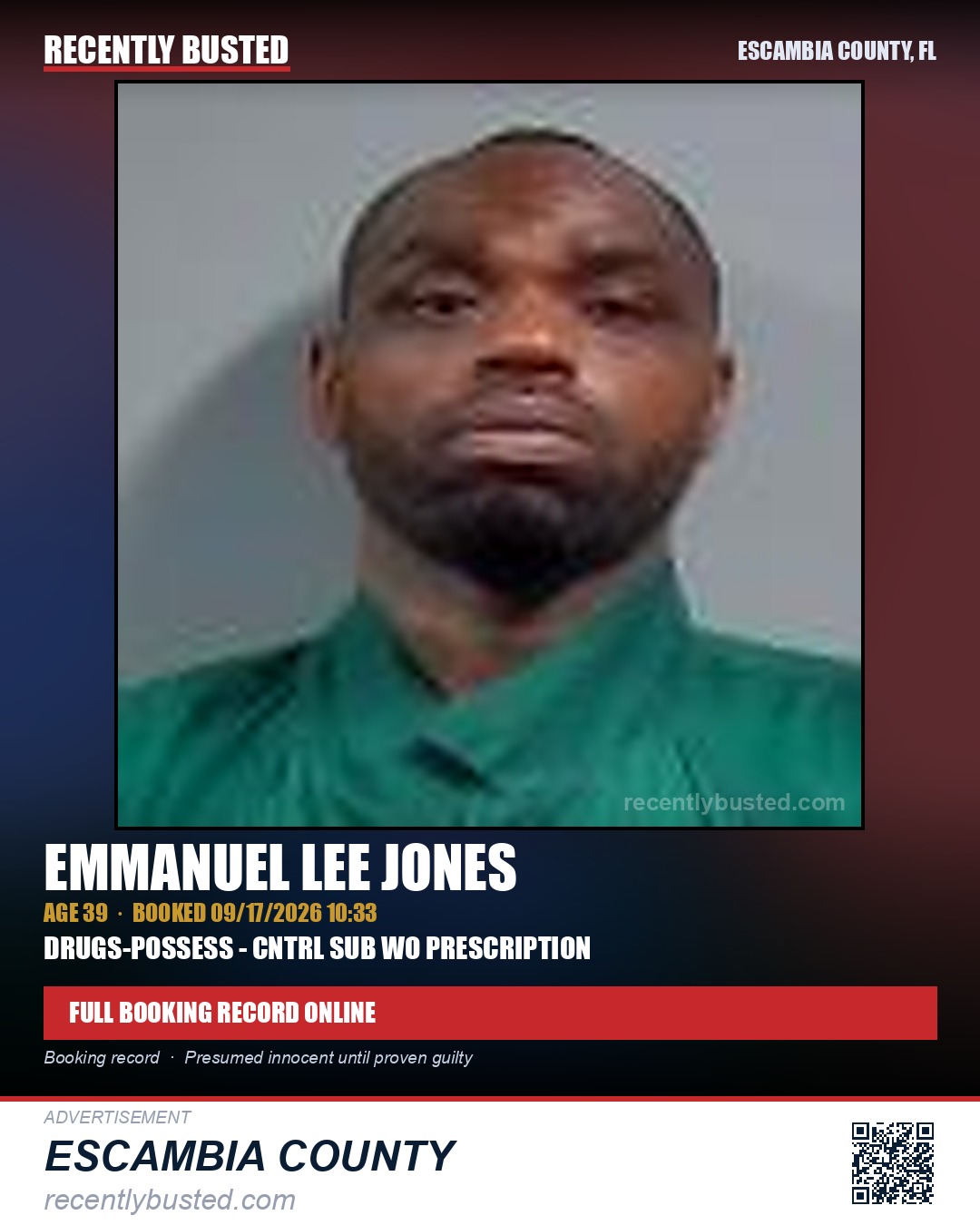 Emmanuel Lee Jones — arrest record card, Escambia County, Florida