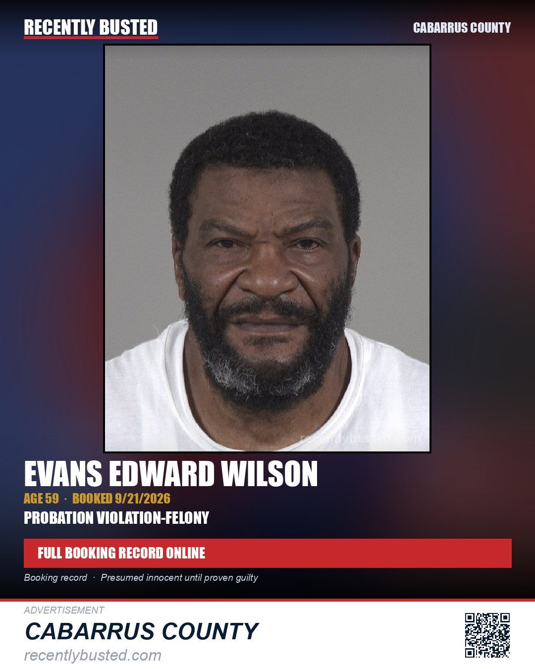 EVANS EDWARD WILSON — arrest record card, Cabarrus County