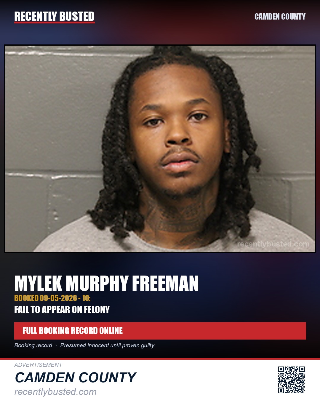 Freeman, Mylek Murphy — arrest record card, Camden County