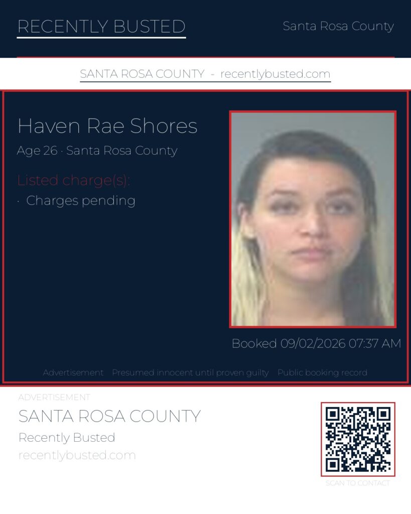 Haven Rae Shores — arrest record card, Santa Rosa County, Florida