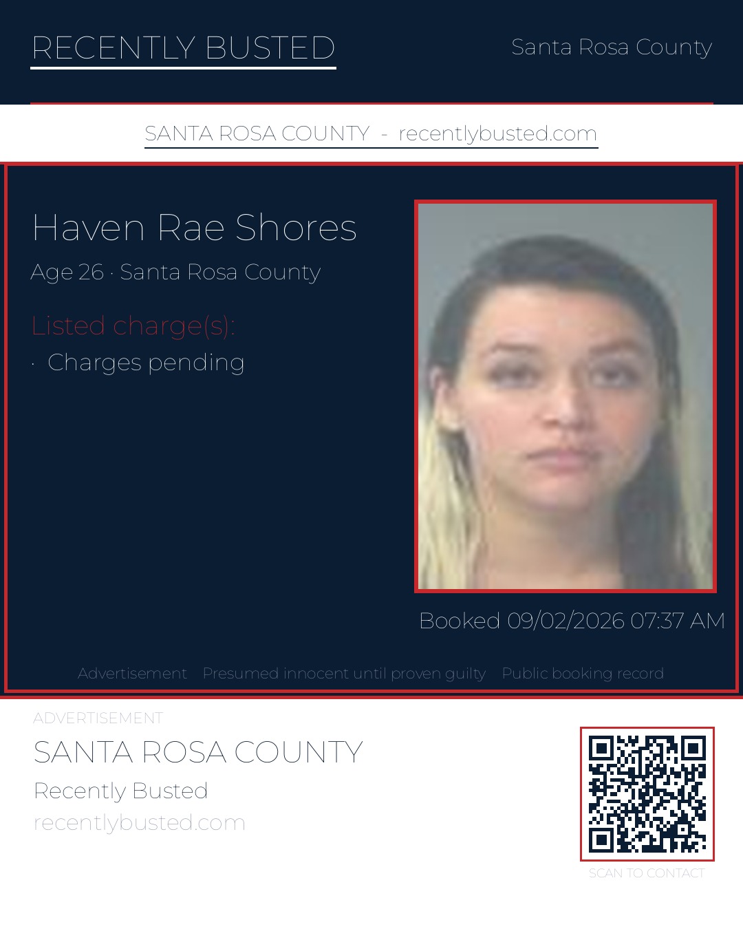 Haven Rae Shores — arrest record card, Santa Rosa County, Florida