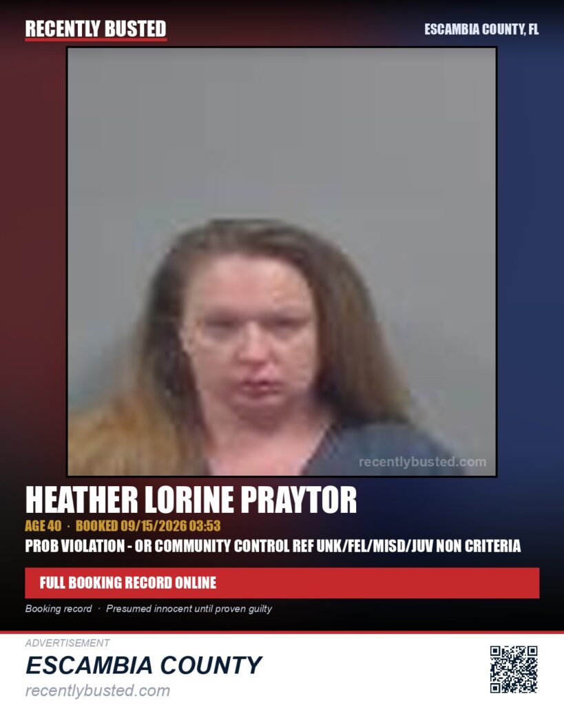 Heather Lorine Praytor — arrest record card, Escambia County, Florida