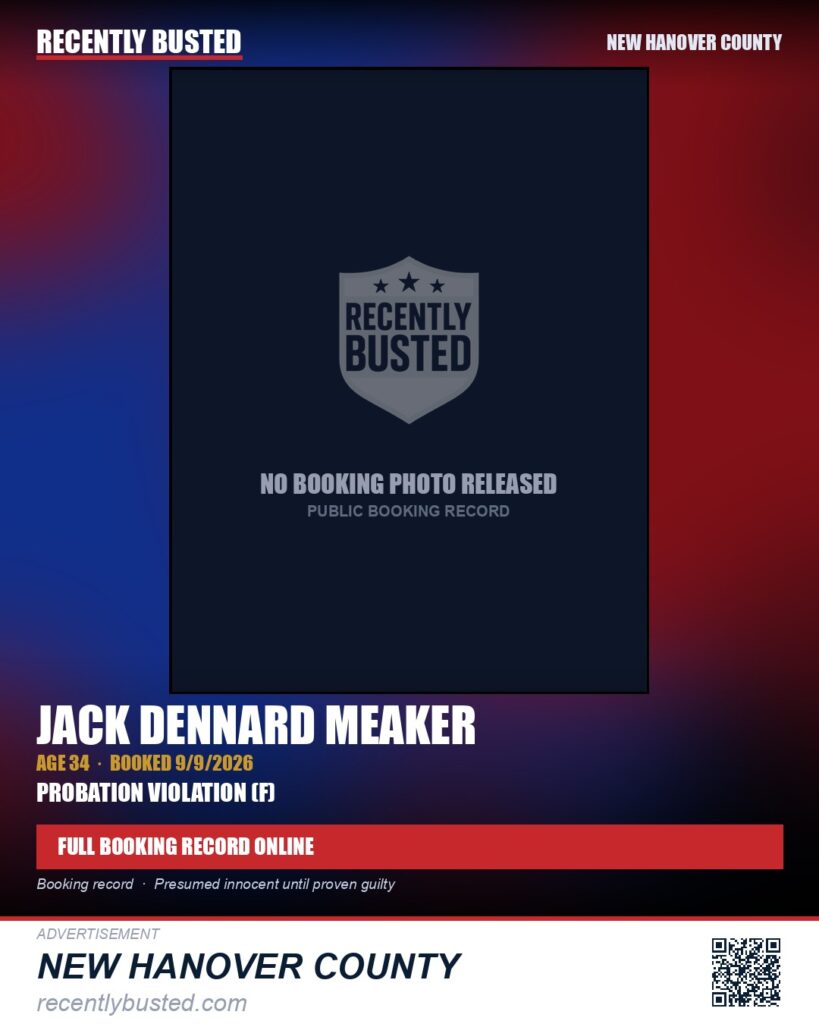 JACK DENNARD MEAKER — arrest record card, New Hanover County