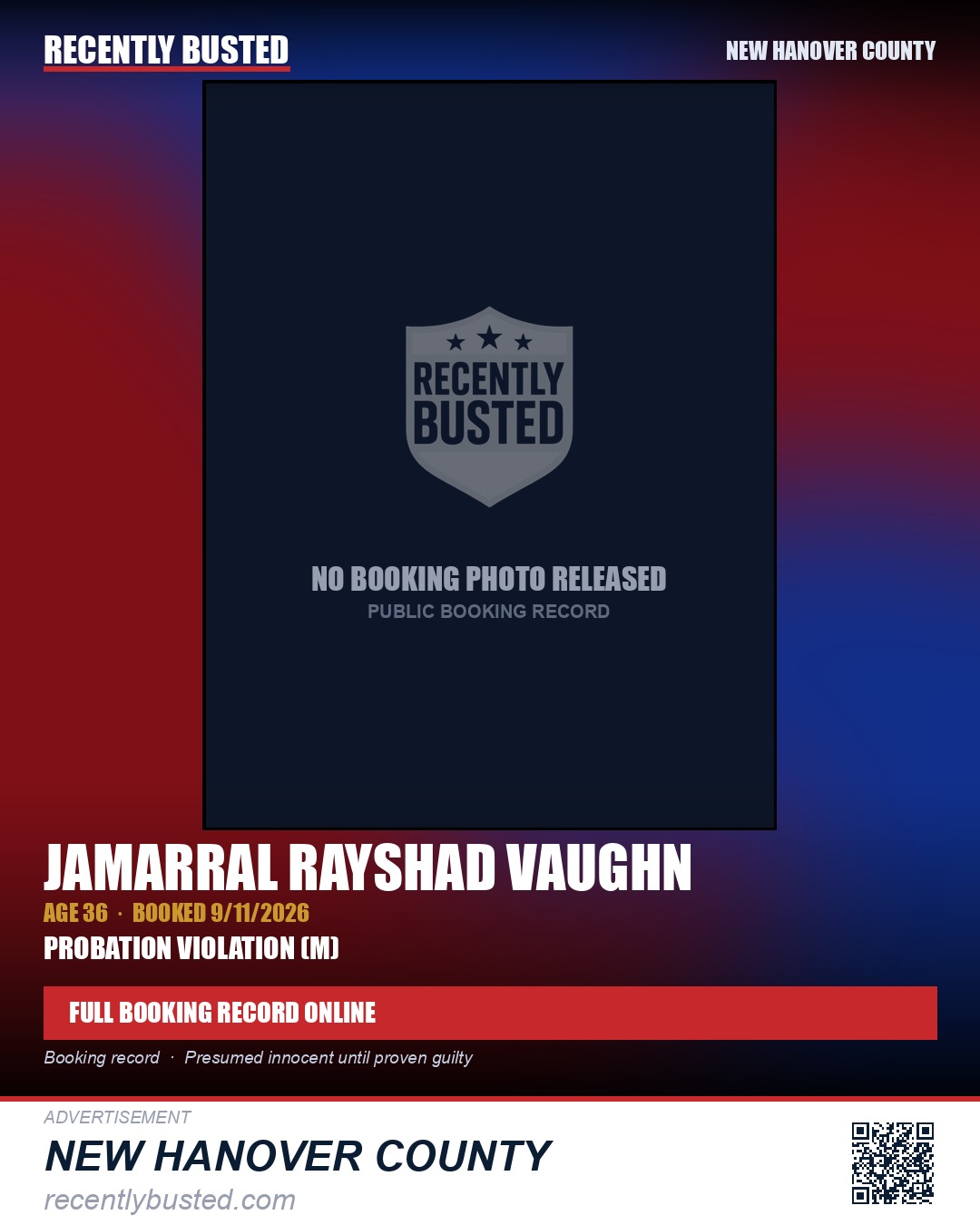 JAMARRAL RAYSHAD VAUGHN — arrest record card, New Hanover County