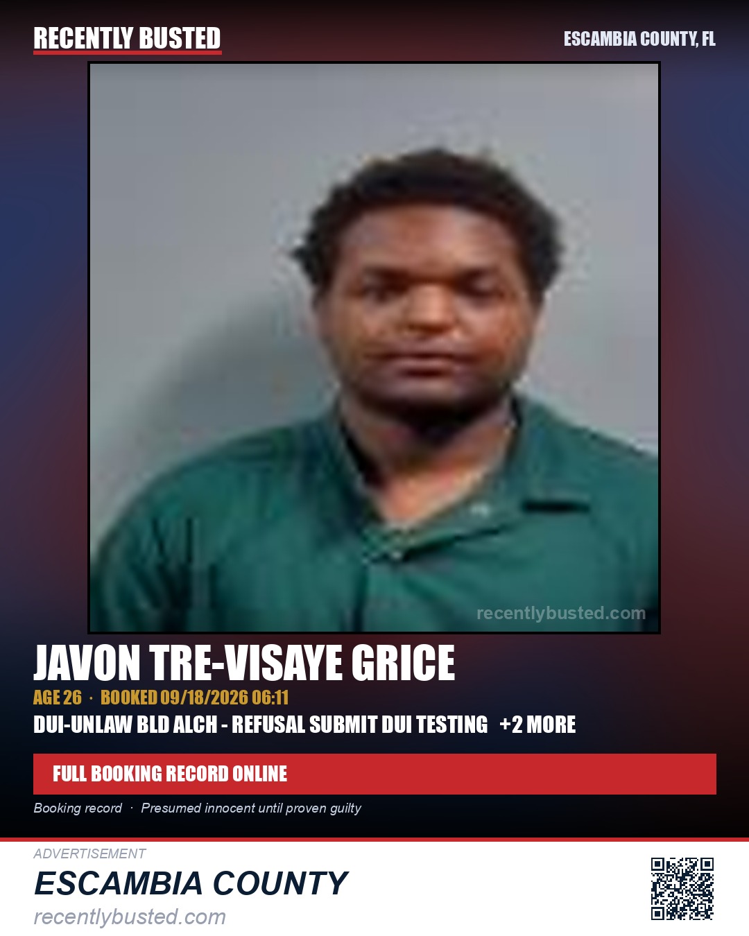 Javon Tre-Visaye Grice — arrest record card, Escambia County, Florida