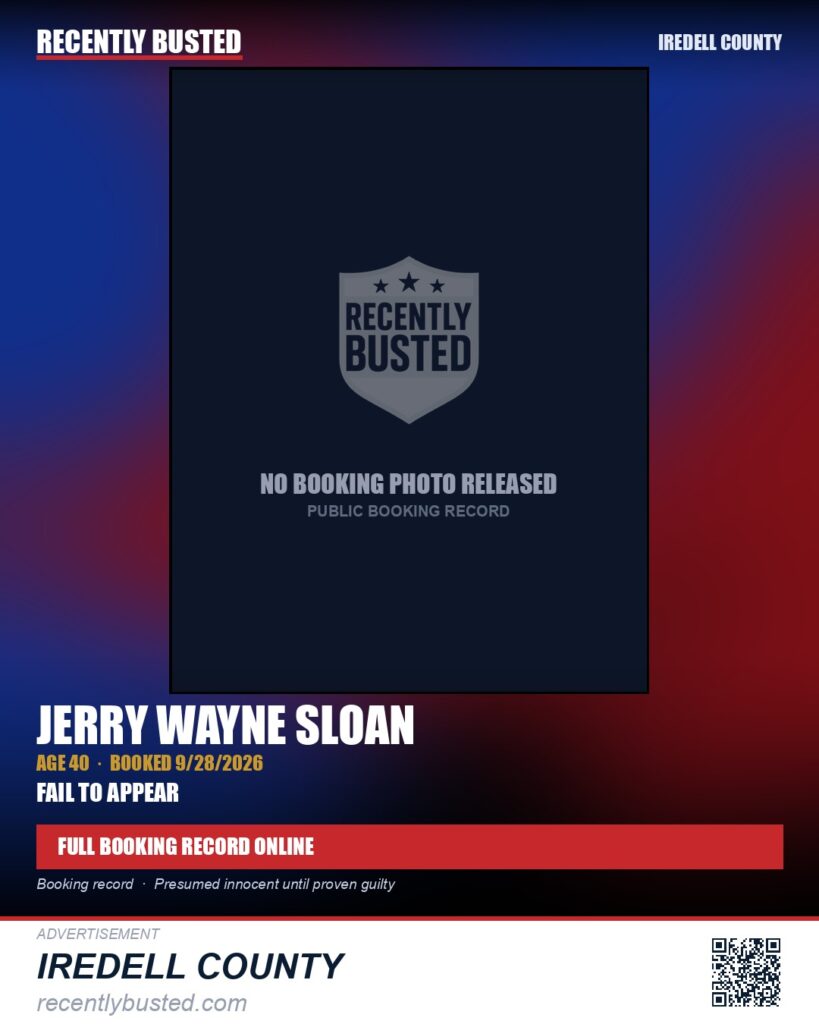 JERRY WAYNE SLOAN — arrest record card, Iredell County