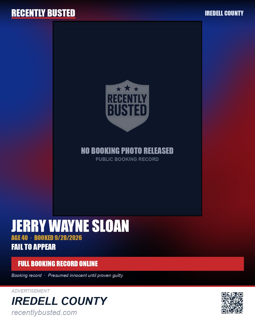 JERRY WAYNE SLOAN — arrest record card, Iredell County