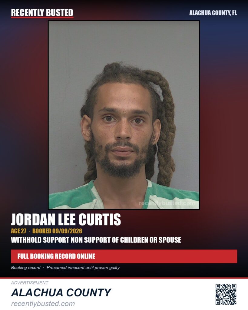Jordan Lee Curtis — arrest record card, Alachua County, Florida