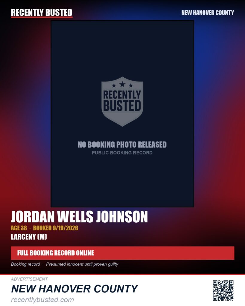 JORDAN WELLS JOHNSON — arrest record card, New Hanover County