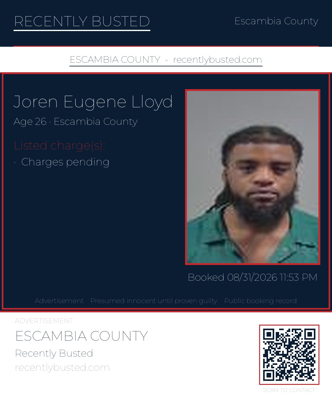 Joren Eugene Lloyd — arrest record card, Escambia County, Florida