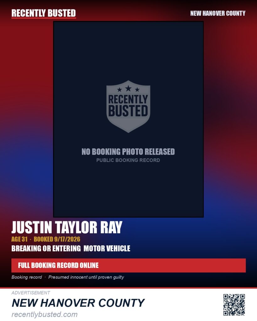 JUSTIN TAYLOR RAY — arrest record card, New Hanover