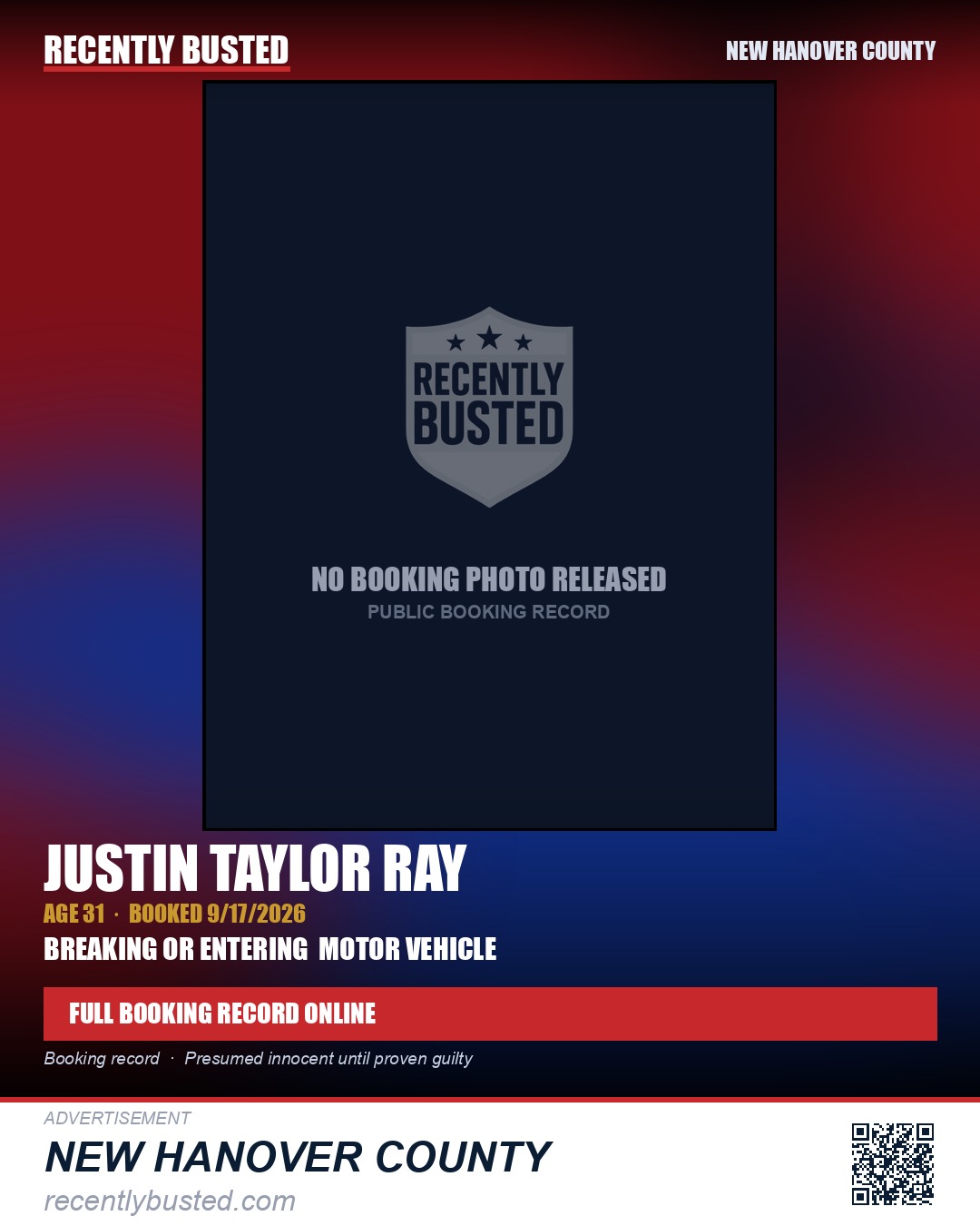 JUSTIN TAYLOR RAY — arrest record card, New Hanover County