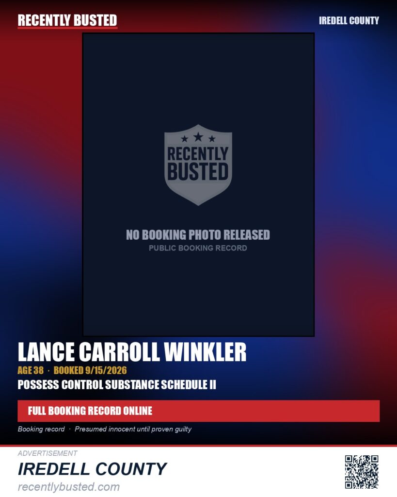 LANCE CARROLL WINKLER — arrest record card, Iredell County