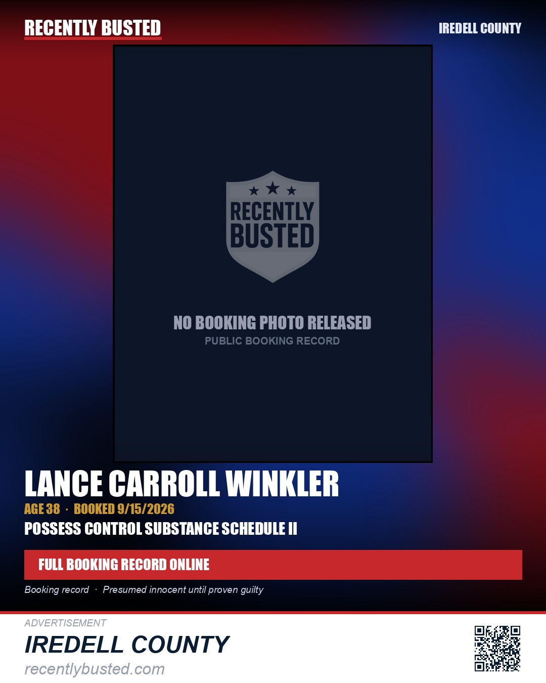 LANCE CARROLL WINKLER — arrest record card, Iredell County