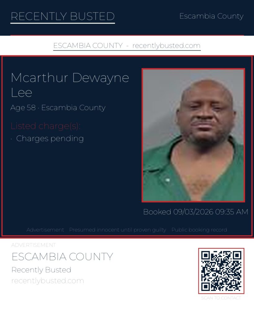Mcarthur Dewayne Lee — arrest record card, Escambia County, Florida