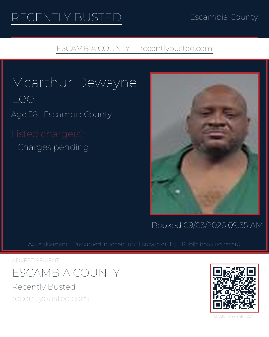 Mcarthur Dewayne Lee — arrest record card, Escambia County, Florida