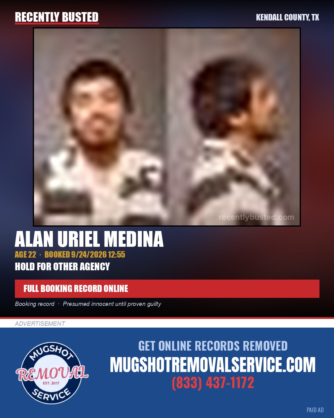 MEDINA, ALAN URIEL — arrest record card, Kendall County, Illinois