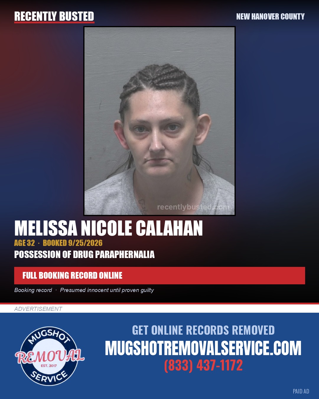 MELISSA NICOLE CALAHAN — arrest record card, New Hanover County