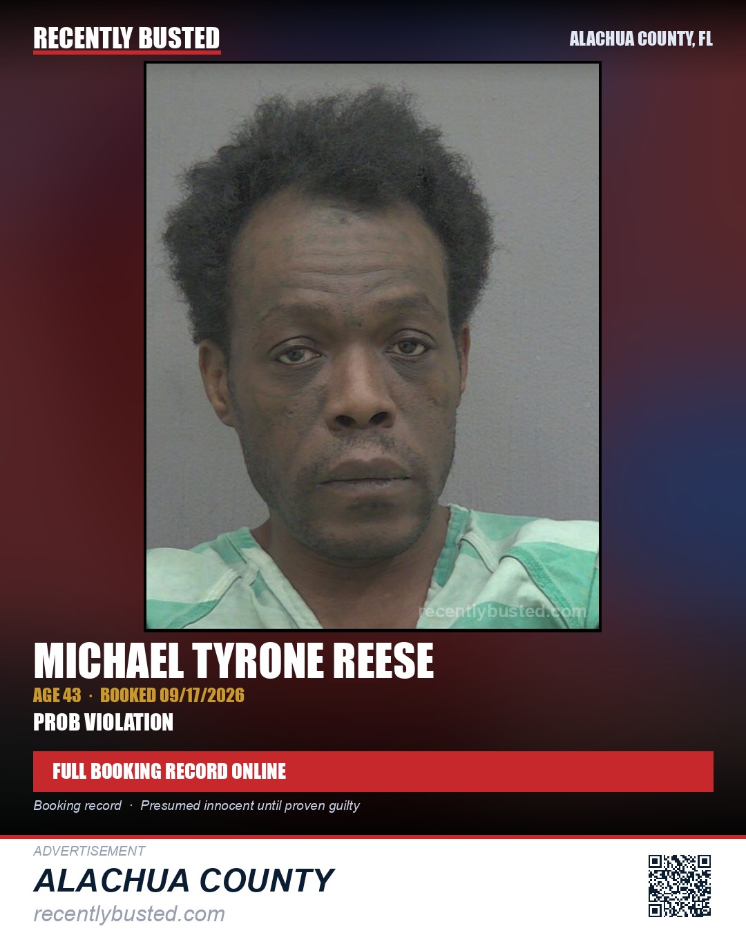 Michael Tyrone Reese — arrest record card, Alachua County, Florida