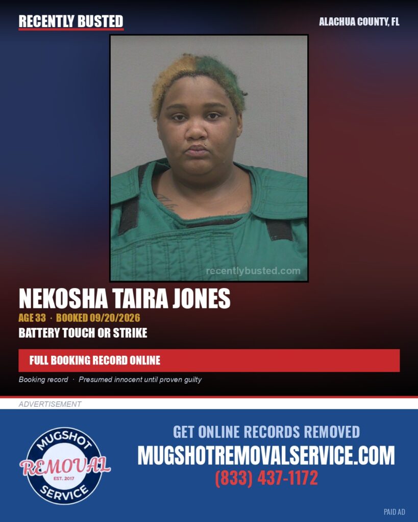 Nekosha Taira Jones — arrest record card, Alachua County, Florida