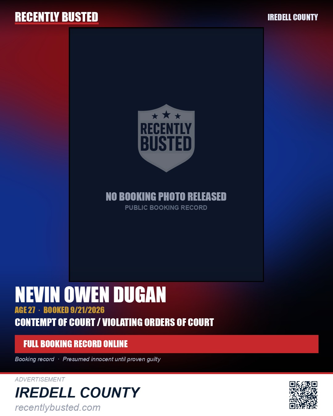 NEVIN OWEN DUGAN — arrest record card, Iredell County