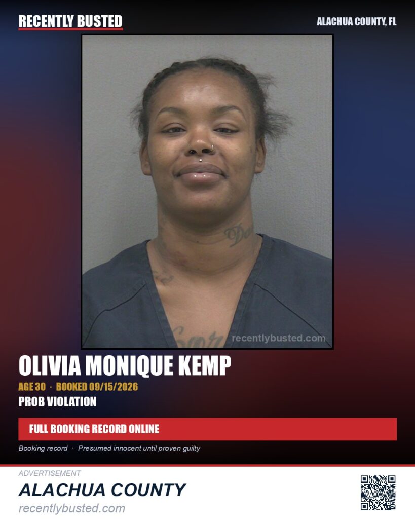 Olivia Monique Kemp — arrest record card, Alachua County, Florida