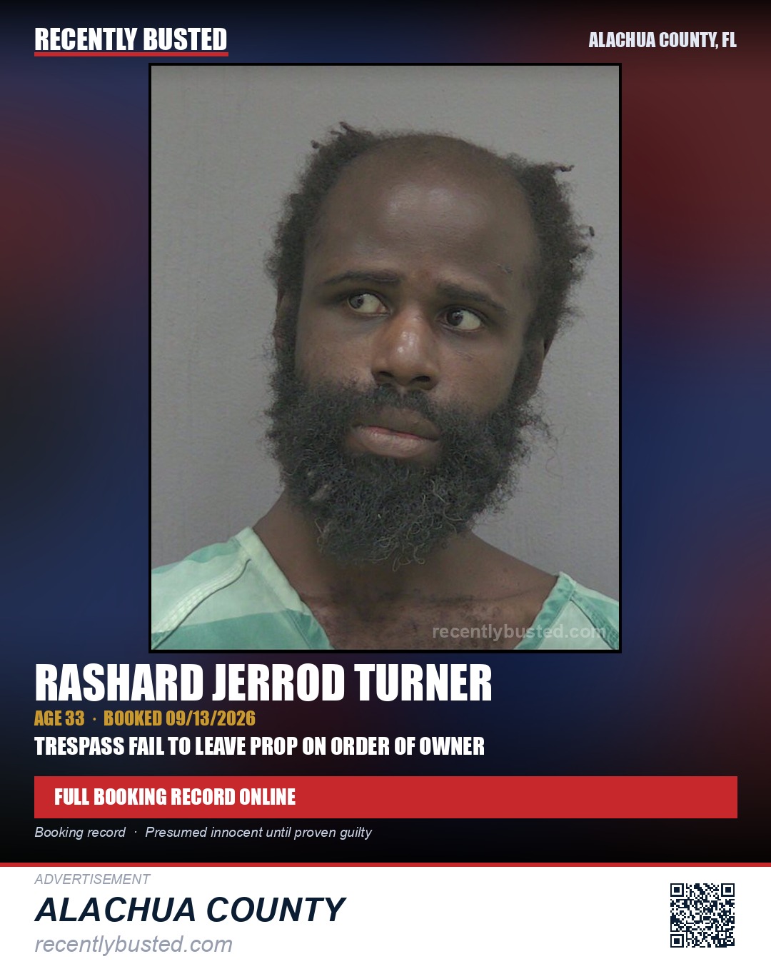 Rashard Jerrod Turner — arrest record card, Alachua County, Florida