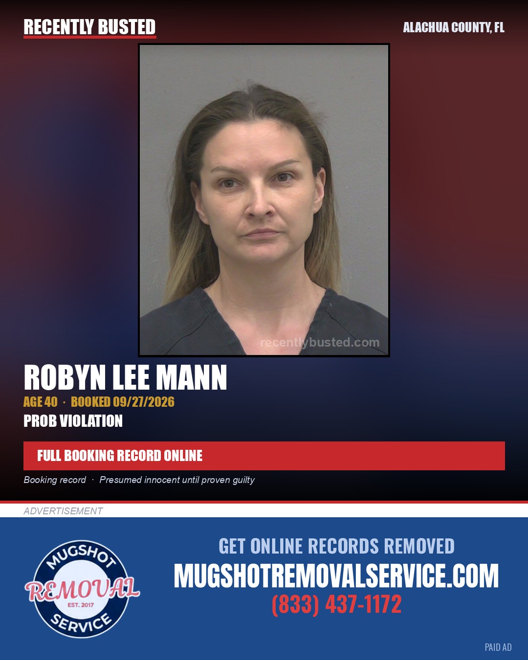 Robyn Lee Mann — arrest record card, Alachua County, Florida