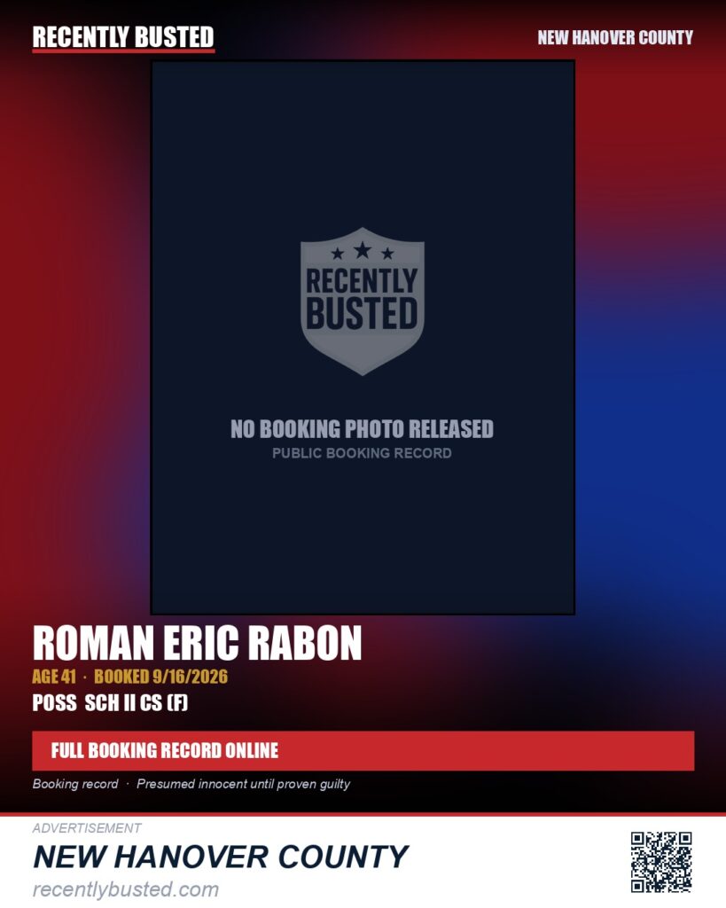 ROMAN ERIC RABON — arrest record card, New Hanover County