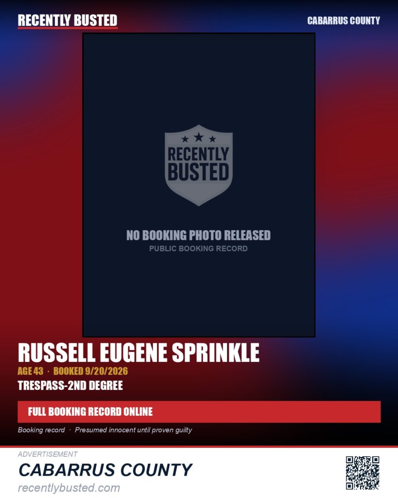 RUSSELL EUGENE SPRINKLE — arrest record card, Cabarrus County