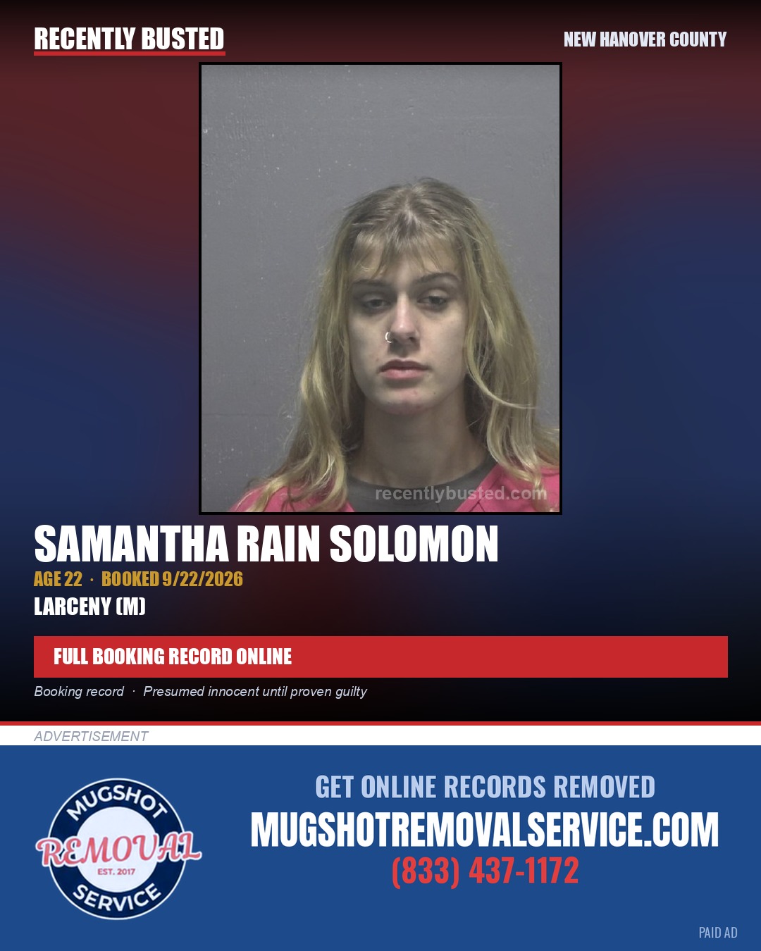 SAMANTHA RAIN SOLOMON — arrest record card, New Hanover County