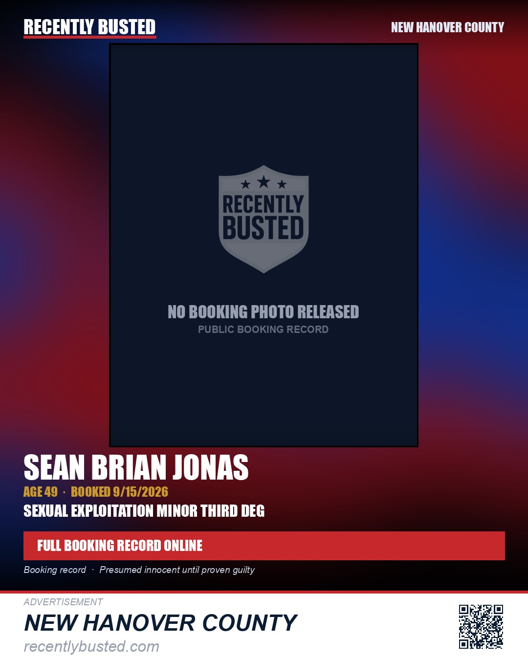 SEAN BRIAN JONAS — arrest record card, New Hanover County