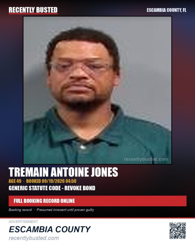 Tremain Antoine Jones — arrest record card, Escambia County, Florida