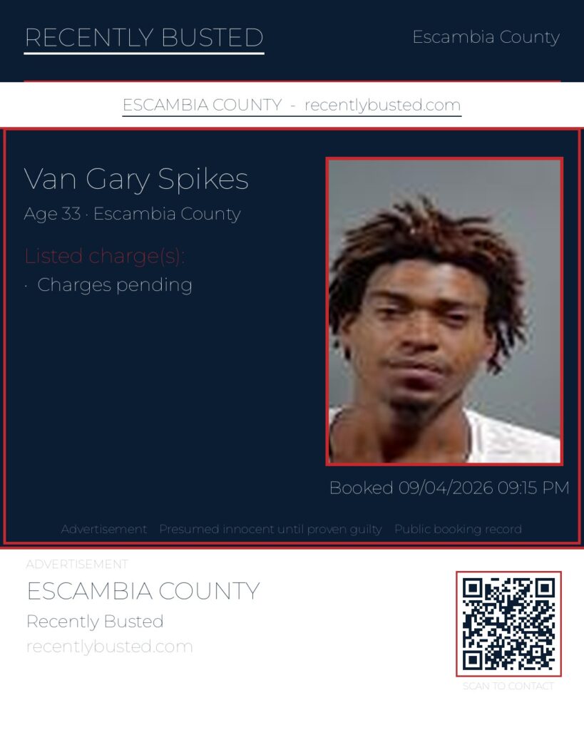 Van Gary Spikes — arrest record card, Escambia County, Florida