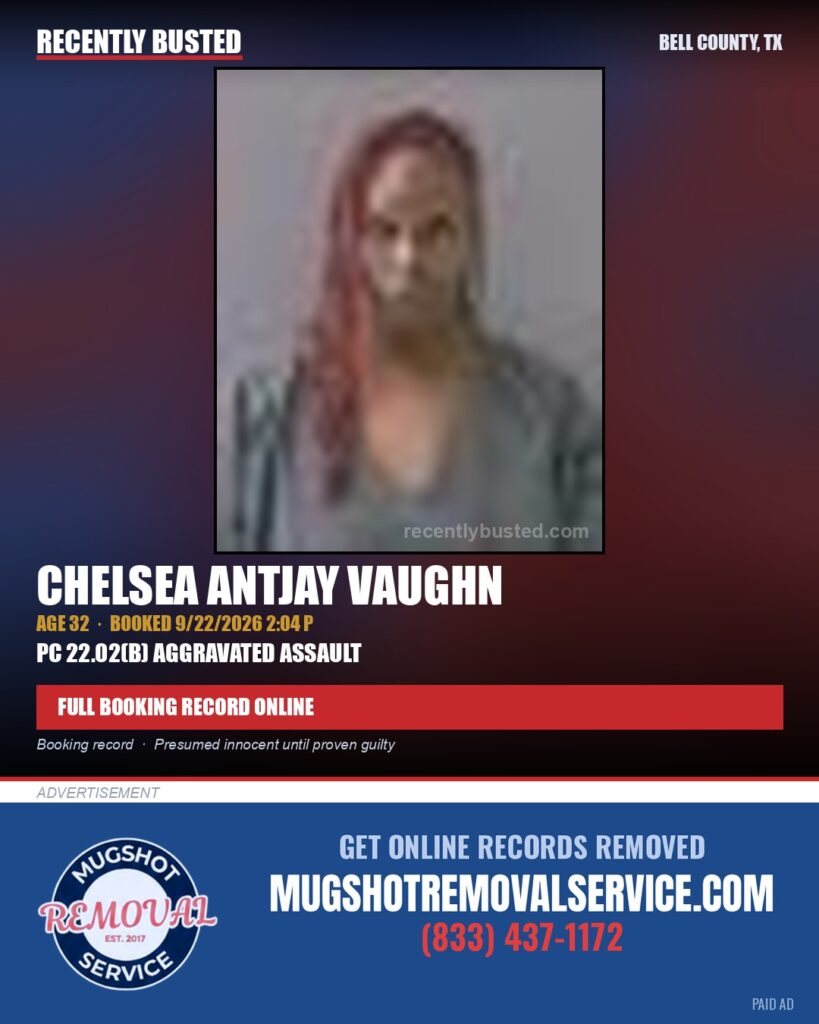 VAUGHN, CHELSEA ANTJAY — arrest record card, Bell County, Texas