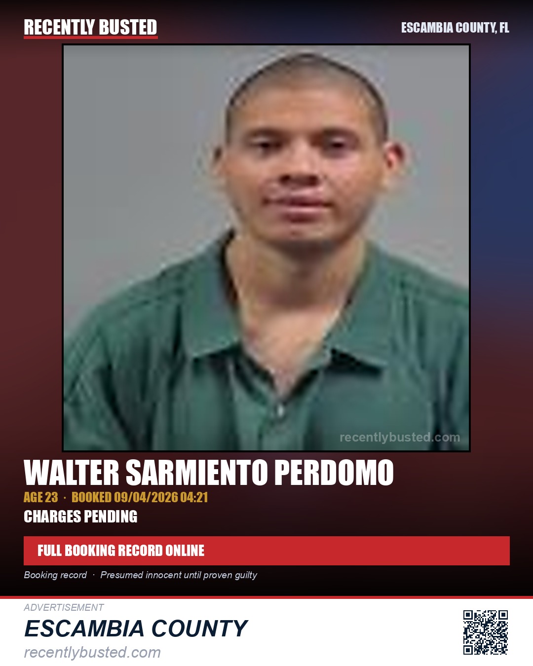 Walter Sarmiento Perdomo — arrest record card, Escambia County, Florida