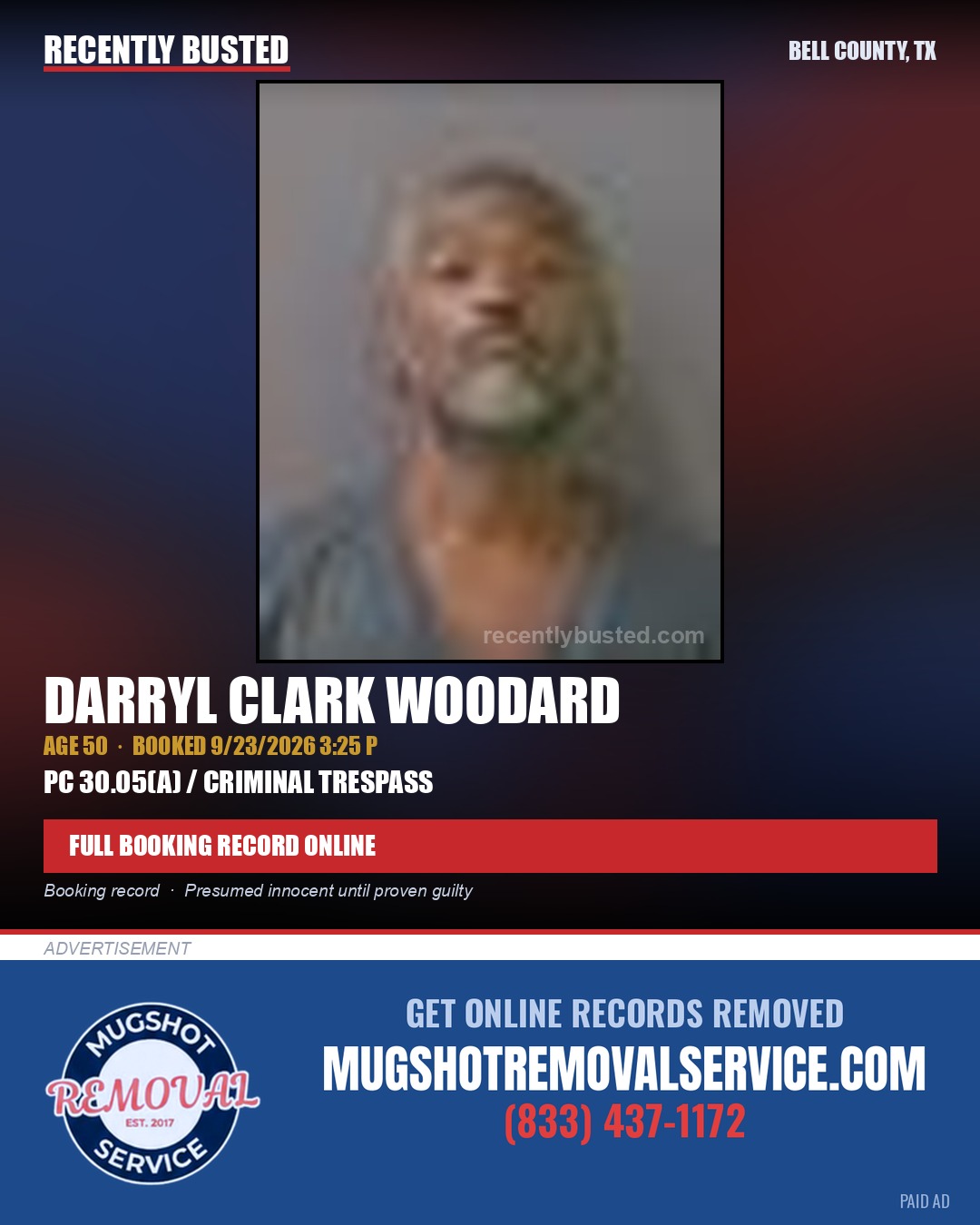 WOODARD, DARRYL CLARK — arrest record card, Bell County, Texas