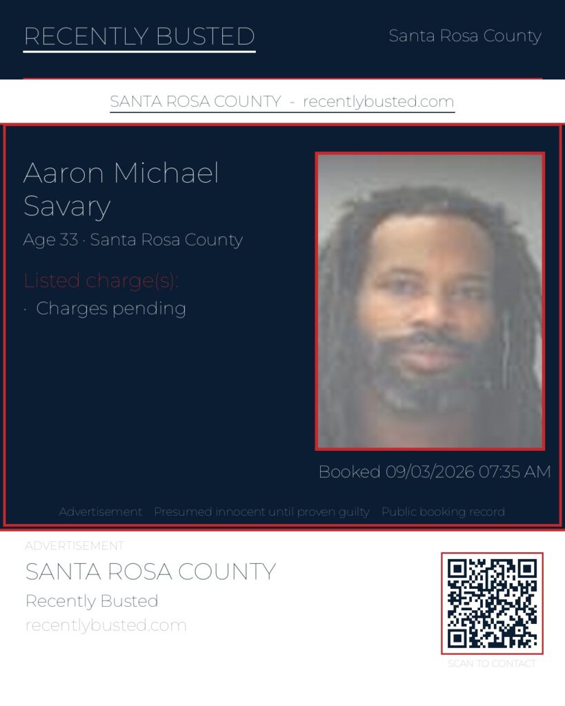 Aaron Michael Savary — arrest record card, Santa Rosa County, Florida